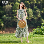 她池無(wú)袖連衣裙2025夏裝新款女裝度假風(fēng)印花圓領(lǐng)A字中長(cháng)裙