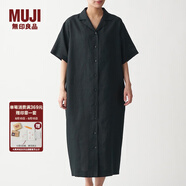 無(wú)印良品 MUJI 女式 法國亞麻水洗 五分袖開(kāi)襟連衣裙 BCL08C0S 黑色 M-L