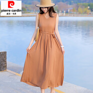 皮爾卡丹（pierre cardin）新款法式棉綢連衣裙女夏季無袖背心裙感純色海邊度假沙灘長裙 焦糖色 XL 建議90-110斤