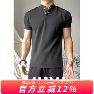 牧唯 美式高街重磅男士t恤夏季新款復古正肩polo短袖衫亨利領(lǐng)健身上衣 黑色 90%買(mǎi)家選擇 XL [建議125-140斤]