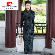 皮爾卡丹長(cháng)袖旗袍長(cháng)款日常復古改良版早秋新款年輕顯瘦連衣裙黑色彈力 單層牛奶絲植絨  黑梅長(cháng)袖 M 建議90-100斤左右