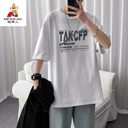 稻草人（MEXICAN）短袖T恤男潮流ins字母全棉五分袖chic港風(fēng)寬松大碼休閑體恤衫顯瘦 白色 M
