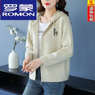 羅蒙（ROMON）羊毛衫女連帽毛衣外套春秋2024新款拉鏈時(shí)尚外搭寬松短款針織開(kāi)衫 米色  S 90-100斤
