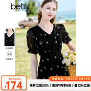 百圖betu女裝夏新款連衣裙短袖雪紡萌兔繡花減齡連衣裙女2303T90 黑色 XS