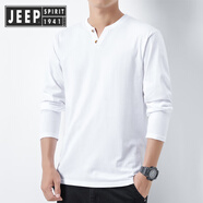 JEEP SPIRIT吉普2025新款V領(lǐng)扣子潮流男士長袖T恤純棉秋衣打底衫純色體白上衣 長袖/扣子白色 M