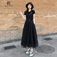 clotho Rennie品牌女裝夏季新款寬松顯瘦背帶裙連衣裙女短袖氣質(zhì)收腰網(wǎng)紗長裙 黑色 2XL