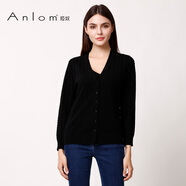 婭奴（A n l o m）Anlom/婭奴秋季新款開衫外套針織女上衣桑蠶絲V領(lǐng)時尚簡約小外套 黑色 110/XXXL 均碼