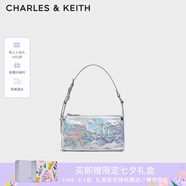 CHARLES&KEITH褶皺油蠟皮斜挎小方包手提包腋下包女士生日七夕禮物CK2-80160183 Prism Silver銀色(新色） S