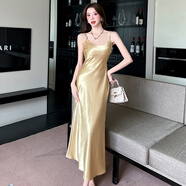減齡春夏季新款連身裙字裙時尚名媛風禮服連衣裙長裙 金色 M