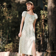 森馬（Semir）連衣裙女開(kāi)叉泡泡袖中長(zhǎng)裙夏方領(lǐng)雪紡碎花裙浪漫109324114014