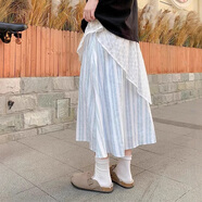 貞喜氣 藍條紋蕾絲半身裙小個(gè)子2025春夏韓系設計感新款a字長(cháng)裙雙層裙子 M （建議100-115斤）