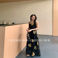 初禾曼陀羅印花吊帶連衣裙法式氣質(zhì)修身收腰顯瘦長(cháng)裙子 黑色連衣裙 XL