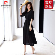 皮爾卡丹白色真絲連衣裙女中長(cháng)款過(guò)膝飄逸長(cháng)裙夏季新款氣質(zhì)收腰桑蠶絲裙子 黑色 M