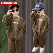 鄰家米其【三件套】童裝男童套裝春裝2026新款兒童寶寶男孩春秋季小孩衣服 XT4322（春秋款）-棕色 140 碼/身高130-140cm（7-8歲）