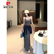 皮爾卡丹欲風(fēng)無(wú)袖吊帶連衣裙女裝夏季新款氣質(zhì)修身收腰條紋包臀長(cháng)裙子 條紋長(cháng)裙【版】 S 【建議40-47kg】