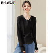 品彩（PinCai）連帽長(cháng)袖t恤女時(shí)尚內搭修身不規則半開(kāi)領(lǐng)洋氣上衣 P135T2701