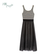 片斷連衣裙女秋季新款時(shí)尚吊帶收腰條紋拼接網(wǎng)紗設計長(cháng)款背心裙 黑白 L