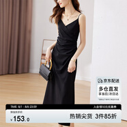 尚都比拉設(shè)計(jì)感抽褶收腰顯瘦中長(zhǎng)款V領(lǐng)吊帶連衣裙夏季修身小黑裙 黑色 M 