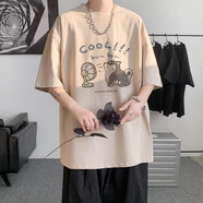 畫(huà)枕眠（HUAZHENMIAN）重磅純棉短袖T恤男夏季大碼寬松半袖情侶體恤卡通打底衫潮流百搭 杏色 S