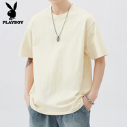 花花公子短袖t恤男士夏季新款純棉美式潮牌重磅寬松圓領(lǐng)體恤內搭打底衫 HST1370杏色 S 【建議80-95斤】