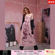 UNIFREE朋克少女吊帶裙子個性涂鴉收腰A字版長款連衣裙 粉色  S 