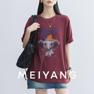 美洋（MEIYANG）微醺小象T恤 動(dòng)物樂(lè )園圓領(lǐng)撞色印花短袖上衣t恤女 安可拉紅（加長(cháng)版） L