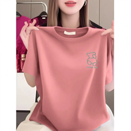 貝雅茜純棉正肩短袖t恤女2025夏季新款寬松上衣顯瘦大碼圓領(lǐng)印花打底衫 T-臟粉色【comeoh熊】?jì)?yōu)質(zhì)純棉 M (建議100斤內)