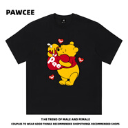 漫曦宛PAWCEE美式覆古國潮卡通小熊維尼短袖T恤男女同款寬松百搭情侶上 3XL(180-210斤)黑色 (280克重磅) M