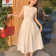 皮爾卡丹（pierre cardin）2025夏季新款韓版無(wú)袖木耳花邊連衣裙女收腰顯瘦氣質(zhì)感裙子潮 白色 L 110-120