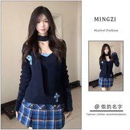 韓夢珍套裝女2024秋冬新款學(xué)院風(fēng)v領(lǐng)修身毛衣針織衫吊帶背心格紋百褶裙 針織毛衣吊帶背心百褶短裙三件套 S S80-90斤