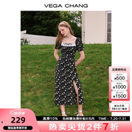 VEGA CHANG碎花連衣裙女2025年夏季方領(lǐng)法式小眾泡泡袖下擺開叉茶歇印花裙子 花色（長款） S