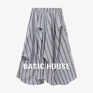 Basic House/百家好格紋高腰不規則半身裙女夏季新款大裙擺中長(cháng)裙 黑格 L