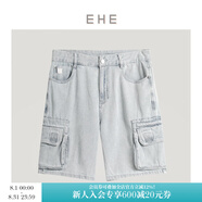EHE男裝 夏季新款藍(lán)色磨白水洗柔軟微彈修身牛仔短褲男褲子 時(shí)尚工裝牛仔短褲 S