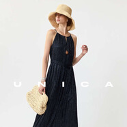 UNICA/星夜璀璨流光_韓國進(jìn)口壓褶顯瘦掛脖吊帶長(cháng)款連衣裙 【流光星海藍】裙子 韓國進(jìn)口 裙子 韓國進(jìn)口 XS 【現貨48小時(shí)發(fā)】