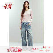 H&M女裝T恤2025夏季新款法式修身圓領(lǐng)蕾絲邊長袖內(nèi)搭上衣1272126 淺粉色 160/88