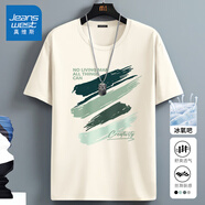 真維斯（Jeanswest）冰絲中袖男2025夏季簡(jiǎn)約印花寬松冰感速干短袖T恤男士大碼上衣服 淺米(清新雅綠) 2XL (185) (體重155-180斤)