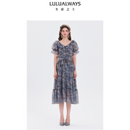 LULUALWAYS我愛(ài)露露25夏季新款法式溫柔氣質(zhì)收腰顯瘦雪紡連衣裙女鏤空蕾絲邊 藍色 XL