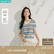 茵曼法式女裝彩虹條針織短袖t恤夏季新潮通勤套頭襯衫上衣 彩虹藍(lán) S
