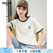 朱阿姨女童短袖t恤2025新款夏女大童初中生純棉青少年女孩夏裝兒童半袖 杏色 160