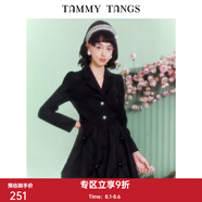 糖力【商場同款】春秋新款黑色長袖歐根紗擺西裝連衣裙女 黑色 M