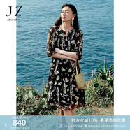 玖姿·安娜蔻波嬉風(fēng)植物印花雪紡收腰中長款連衣裙女裝2025夏季新款 花黑 L
