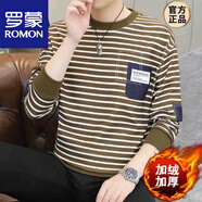 羅蒙（ROMON）春秋季條紋衛衣男圓領(lǐng)長(cháng)袖T恤潮流時(shí)尚貼布棉打底衫寬松休閑 1239白卡其色【加.絨】條紋衛衣 L