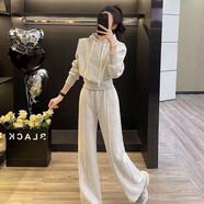 BMOI運動(dòng)休閑套裝女新款春秋冬季套裝正肩連帽短款衛衣長(cháng)褲兩件套 白灰色【春秋款不加絨】 S 建議80-100斤