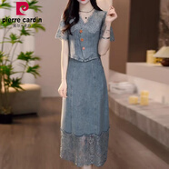 皮爾卡丹（pierrecardin）法式氣質(zhì)感蕾絲牛仔連衣裙女夏季大碼收腰遮肚顯瘦歐貨長裙子 牛仔藍[歐洲站別致連衣裙/洋氣減 XL [116-125斤]