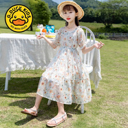 G.DUCKKIDS女童洋氣雪紡連衣裙春夏裝2025新款韓版大童兒童夏季薄款碎花裙子 橘色 160 cm(160cm)