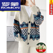 羅蒙（ROMON）早秋針織開衫外套女士毛衣25年秋冬季新款女士大尺碼寬松毛衣上衣 米白 波點加條紋開衫 S