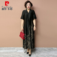 皮爾卡丹（pierre cardin）重磅真絲連衣裙夏季新款寬松大碼遮肚顯瘦桑蠶絲A字裙過(guò)膝中長(cháng)裙 A27真絲連衣裙  黑色 XL 建議100-120斤
