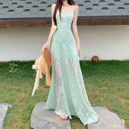 瑜尚臻品吊帶連衣裙女夏季海邊度假風(fēng)無袖甜美網(wǎng)紗拼接提花收腰a字裙長裙 【綠色】S