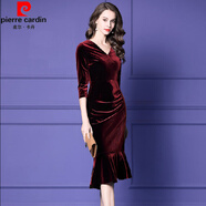 皮爾卡丹金絲絨連衣裙女2025秋冬新款媽媽裝氣質(zhì)顯瘦收腰包臀法式魚(yú)尾裙子 酒紅色 XL （110-120斤）