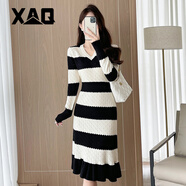 XAQ高端連衣裙女秋冬時(shí)尚名媛氣質(zhì)小香風(fēng)過(guò)膝長(cháng)款針織內搭打底魚(yú)尾裙 黑白 XL